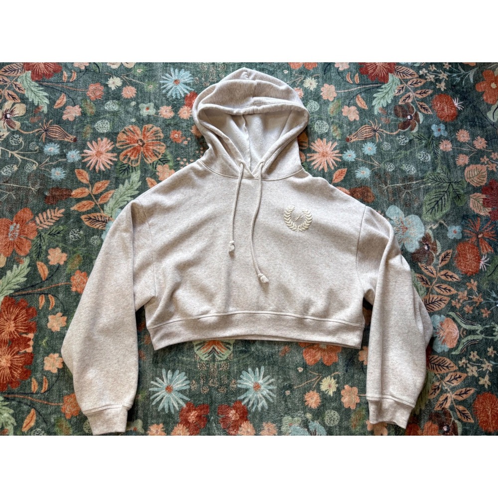 Pink Victoria's Secret Cropped Hoodie Oatmeal‎ Beige Crest Logo M 122480-SEP